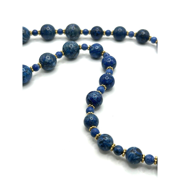 Vintage Art Deco Glass Balls Blue Gold Swirly Bead Necklace Hook Closure - Picture 5 of 8